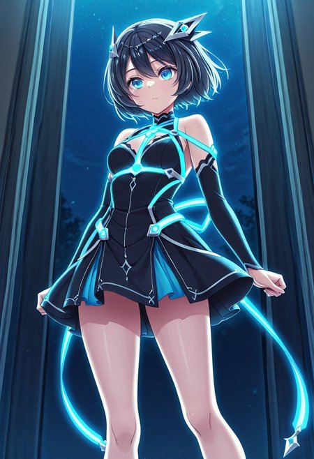 very awa,masterpiece, best quality, good quality,anime coloring,game_cg,1girl ,MidwayMinashigo,black hair,short hair,blue eyes,hair ornament,MidwayDress,glowing harness,standing