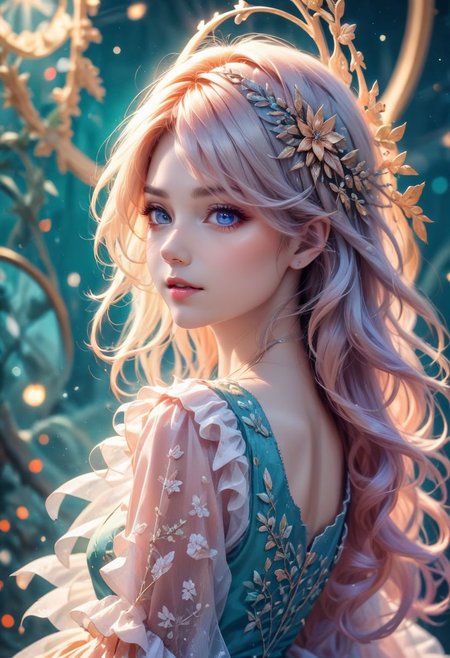 Romantic Rosette dress, (knee shot), full height, low angle shot, (Surreal), (illustration), (Resolution enhancement), (8k), (Very detailed), (Best illustration), (Beautiful and delicate eyes), (best quality), (Super detailed), (masterpiece ), ( wallpaper), (Detailed face),one blonde, curls,(High top fade in and out:1.3), (Smile brightly, bright look), dark theme, soothing tone, pastel colors, high contrast, (natural skin texture, SurrealN;NI, soft light, Impatient),exposure blending, medium shot, Bokeh, (human development report:1.4), high contrast, (Movie, teal and orange:0.85), (pastel colors, fade, soothing tone:1.3), high saturation, (Super detailed:1.2)