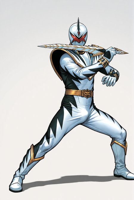 score_9,score_8_up,score_7_up,male focus,ultra-detailed,high resolution,digital painting,8k,1boy,solo,full body,male focus,detailed face,white bodysuit,helmet,belt,bodysuit,armor,tokusatsu,gloves,mask, d1n0 white,holding weapon,spread legs,fighting stance,bulge,simple background,(white background:1.1),<lora:add-detail-xl:1>,<lora:LYDart StyleIlluLYCO:0.2>,ydart,<lora:Dino Ranger White:0.7>,