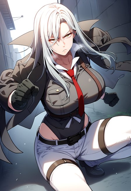 score_9, score_8_up, score_7_up, score_6_up, source_anime, rating_explicit, <lora:neg4all_bdsqlsz_V3.5:2.0>1girl, (solo:1.1), huge breasts, <lora:Carmen Lionheartponyxl:1> long hair, yellow eyes, grey hair, white hair, bangs, red necktie, collared shirt, white shirt, black vest, black jacket, thigh strap, white pants, leotard under clothes, black leotard, belt, jacket on shoulders, black gloves, serious, Narrow shoulders, heavy breathing, steaming body, alley, outdoor, (fighting stance:1.1), (punching:1.1), motion blur, clenched hands
