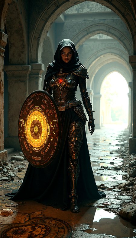 A cybernetic mystic, her face split between robotic and human features,  in an ancient, shadowed corridor. She has a glowing red eye, her hooded cloak adorned with golden circuitry patterns. Her armor, a blend of metal and glowing runes, suggests a perfect fusion of magic and technology. The digital artwork is a masterpiece of extreme realism, with perfect illumination, high contrast, and intricate, textured details.

Small pieces of debris scattered across the floor, such as broken tiles, stones, and remnants of past inhabitants.Puddles of water on the uneven floor, reflecting the faint light and adding a sense of dampness.Ornate mosaic patterns on the floor, worn and faded with age but still hinting at past glory. Occasional glimpses of the outside world through cracks or openings, showing distant landscapes or skies.

Defensive Crouch with holographic  Shield











