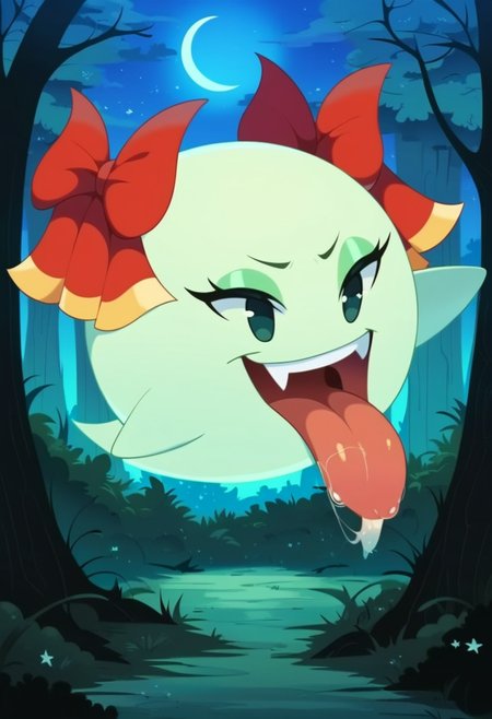 (masterpiece, best quality), score_9, score_8_up, score_7_up, score_6_up, score_5_up, BREAK,
<lora:Paper_Mario_Female_Boos:1>, 1girl, solo, boo_spirit, lady_bow, green skin, hair bow ribbons, sticking tongue out, fangs, floating, BREAK,
forest, night, small moon