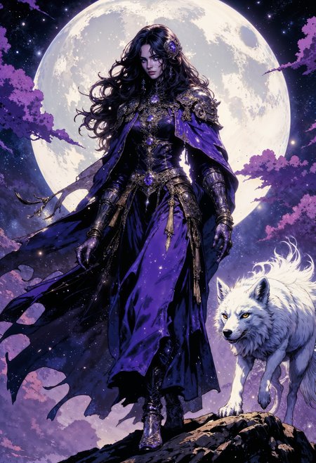 Bathed in the glow of a silver moon, the Moonshadow Enchantress moves gracefully through the twilight, her flowing robes woven from threads of starlight and midnight silk. Her long, dark hair is laced with shimmering constellations, and her amethyst eyes glisten with arcane knowledge. Beside her prowls a celestial fox with nine tails, each tipped with glimmering stardust. Its ethereal form shifts between shadow and light, its piercing silver eyes reflecting the mysteries of the cosmos. Wherever they wander, the air hums with the whisper of forgotten spells, and the stars seem to shine a little brighter in their wake.  <lora:RetroAnimeFluxV1:0.6> <lora:Comic book V2:0.6> <lora:FluxMythG0thicL1nes:0.6>  <lora:Elden_Ring_-_Yoshitaka_Amano:0.6>