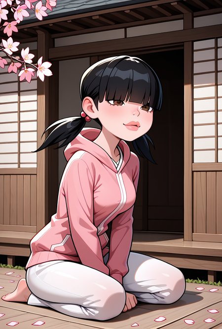 <lora:julieov:1>, julieov, black hair, twintails, 1girl, breasts, low twintails, pink hoodie, blunt bangs, hair ornament, jacket, long sleeves, brown eyes, lips, hair over eyes,, white skirts, expressive, wide face, visible eyes,  kimono, japanese kimono, sitting on ground, wooden house, japanese dinner, japanese house, falling pink petals, cherry leaves,, masterpiece, best quality, amazing quality, very aesthetic, absurdres, newest,
