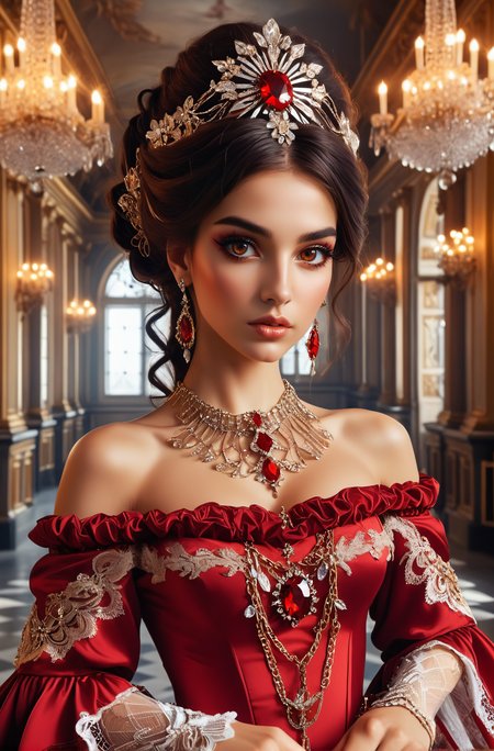 crystallized immortal woman, off shoulder red dress, brown eyes, hip-hop chain, bling , synaptic lace burst, chronic crease, shattering time, <lora:GeorgianStyleLocal:0.6> GeorgianStyle