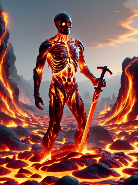 Scene concept, lava field, 3D rendering, ultra-clear details, masterpiece, high quality, molten rock, skull, scenery, chain, weapon, red theme, orange theme, no humans, sword, outdoors, rock, corpse, fire, skeleton, lying <lora:ral-lava:1> ral-lava