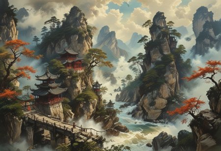 ultra fine detail, highly detailed and intricate details, cinematic, high definition, Tianzi Mountains, Chinese mountains, blue skies,  forest, river, birds flying, sun behind mountain, shadow cast, The mountains are tall, there are few trees on the mountain, there are stone stairs leading up the mountains, the mountains pierce the sky, the clouds are swirling around the frog shaped mountains, the clouds are breaking apart allowing light to pass through them, there is an old monk walking up the stair case, the old monk is smoking from a pipe, there are red wooden guard railings along the stair case up the mountain,  dragon fling between the mountains, advntr, (ink-style, ink_wash_painting),