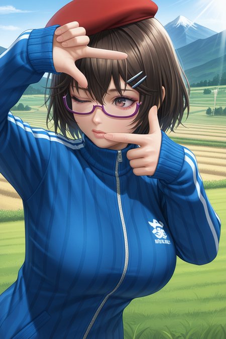 masterpiece,best quality,amazing quality,very absurdres, aesthetic,newest,impractical,ultra detail,upper body,
tsukushi \(doa\),1gril,solo,bob cut, hair between eyes, messy hair,hairclip, double hairclip, glasses, under-rim eyewear, semi-rimless eyewear, purple-framed eyewear,red beret
standing, finger frame, looking away,one_eye_closed,track suit, turtleneck, striped clothes, vertical-striped clothes, double vertical stripe, blue stripes, jacket, blue jacket, striped jacket, track jacket, zipper, zipper pull tab, long sleeves, sleeves past wrists, breasts, large breasts, upper body, from side, realistic,
sky,mountain,farmland,sunlight, 
 <lora:doa_tsukushi_noobxl_vpred10_v10:1.0>