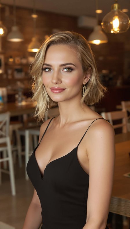 "Full-body shot of a beautiful Russian woman with golden blonde hair, light brown eyes, and a sharp nose,  dressed in a sleek black evening gown, standing under soft warm lighting, natural expression, slight smile, background of wooden tables and coffee machines." (hyperrealistic:1.3), (photorealistic:1.2), cinematic lighting, ultra-detailed body features.” straight ahead in a calm expression, (hyperrealistic:1.3), 8k resolution, high dynamic range, 