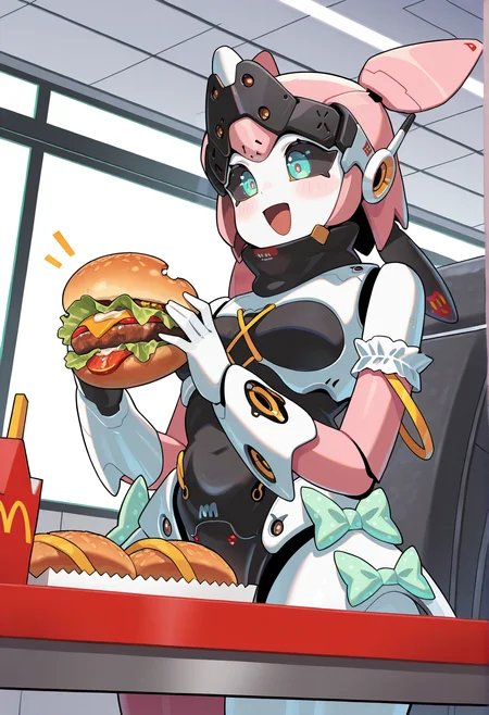 1girl, solo, robot girl, humanoid robot, robot joints, metal skin, aqua eyes, black sclera, mechanical hair, robot ears, green bow, armlet, frills, indoors, mcdonald's, holding hamburger, smile, open mouth, happy <lora:yutane_johiel_ZZZ:1>, masterpiece, best quality, amazing quality, very aesthetic, absurdres, highres, newest