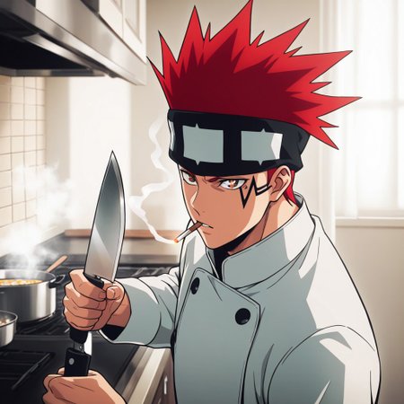 masterpiece, best quality, amazing quality, absurdres, newest, detailed background, definition so sharp, Ultra-HD, 8K cinematic, very awa, impressionate, amazing quality, highres, 
solo, male focus, manly, 
1boy, d0tb_red hair, d0tb_brown eyes, d0tb, spiked hair, facial tattoo, headband, smoking, smoke,
cooking, holding knife, determined expression, steam, kitchen, vibrant colors, chef's uniform, hot-blooded, energetic, playful, cool, focused, sparkling eyes,