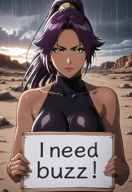 long hair, black pupils, purple hair, ponytail, dark skin, dark-skinned female, high ponytail, yellow eyes, high ponytail, high definition, detailed eyes, TiteKuboStyle, TiteKuboAnimeStyle, BleachTybwStyle, vslinxbleachtybw.

OUTFIT: bare shoulders, leotard, black leotard, black thighhights, highres, high quality, best quality, volumetric lighting, UHD, skin texture, skin detail, high quality skin, highly detailed, large breasts, perfect body.

BEHAVIOR: mature female,focus face, bent forward, close shor, close up, make-up, seductive smirk, sexy lips, yellow aura, glow aura (yellow), need_buzz, holding sign, "BUZZ ME", (need_buzz, holding sign), ((holding cardboard sign that says "BUZZ ME"))

BACKGROUND: darkness,outdoor, desert, storm, lighting (purple), rain, Venetian lights, partially covered in shadow,nose shadow, blurry background,grey clouds, bad weather, grey sunset, lots of wind, wind in her hair, cherry trees.