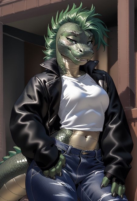 score_9, score_8_up, score_7_up, (by jailbird:1.5), (by kittydee:1.5), (by zummeng:1.5), masterpiece, best quality, (solo),
 (Furry Art : Anthro : komodo dragon:1.5), transgirl, expressive eyes, feminine eyes, <lora:beautiful_detailed_eyes:1>, perfect face, feminine face, (beautiful green hair:1.5), reptile, exotic lizard, scaly skin, (mohawk hair:1.5), feminine body, medium breasts, (flat belly:1.3), (wide hips:1.4), (slim waist:1.2), (thick thighs:1.4), (graphic t-shirt:1.5), (ripped black jeans:1.5), (safety pins in clothes:1), (fingerless gloves:1.5), (leather jacket:1.5), (green eyes),
