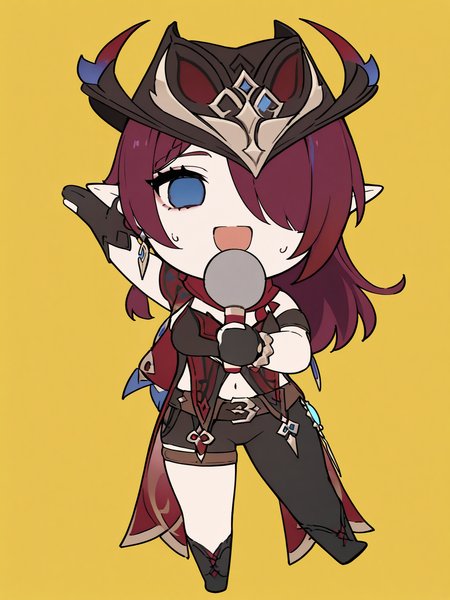 masterpiece, best quality, good quality, detailed, 1girl, solo
 <lora:Chasca_ILXL:1> chasca \(genshin impact\), eyelashes, long hair, blue eyes, purple hair, braid, red hair, multicolored hair, hair over one eye, one eye covered,
gloves, hat, jewelry, earrings, pointy ears, black gloves, belt, fingerless gloves, scarf, bracelet, thigh strap, helmet, red scarf, partially fingerless gloves, navel cutout, asymmetrical clothes, pants, single pantsleg, 
 <lora:Tetoris2:1> smile, open mouth, simple background, holding, :d, sweat, sweatdrop, yellow background, arm up, pose, empty eyes, microphone, full body, standing on one leg, chibi