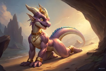 feral scalie, female, (kobold:1.3), detailed pink scales, detailed scales, intricate scales, ((small breasts)), (nude), (detailed face), (detailed eyes), (big eyes:0.5), claws, open mouth, grin, (fangs), dragon,
cute, young, muscular, athletic, elegant, beautiful, claws, (slit pupils), bright eyes, expressive eyes, (chubby:0.5), (plump:0.5), smiling, happy,
all fours,
<lora:dragon:0.1>, 
<lora:spyro:0.3>,
<lora:Tangbohu Detail Tweaker:-0.7>,
<lora:nanachi:0.5>,
by darkgem, by thesecretcave, by silverfox5213, 
(golden bracelet, golden anklet, golden necklace, golden earrings, iridescent gold, collar, golden tiara), 
noon, sunlight, on a beach,
(ambient light on the body), 
Ray tracing, concept art, highly detailed, (hi res), ((masterpiece)), ((best quality))  cinematic composition, ultra realistic, 4k, (high detail:1.3), sharp focus