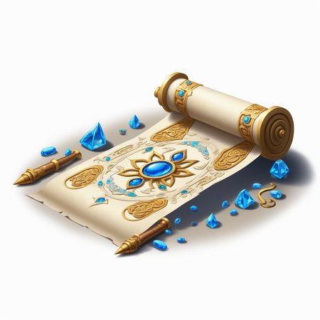 (((masterpiece))),(((best quality))),((ultra-detailed)),solo,isometric,
WAM_bd,solo,
An ancient parchment scroll, with golden mysterious symbols drawn on it, and blue gemstones inlaid at both ends,,
(white background, simple background:1.5),fantasy art,
 <lora:WAMå»ºç­æ¨¡å:0.8>