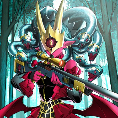 highres, best quality, masterpiece, very aesthetic, newest,1girl,solo,medusamon,snake hair,black snakes,single eye,golden horned mask,pointy ears artist:hagimorijia <lora:MedusamonIllus:1>, cropped,upper body,low wings,holding gun,sniper rifle,outdoors,forest,tree,focusing,aiming