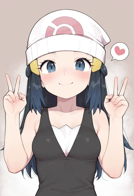 masterpiece,best quality,amazing quality,
1girl, dawn (pokemon), solo, hat, heart, long hair, blue eyes, spoken heart, smile, beanie, looking at viewer, breasts, blush, upper body, v, white headwear, closed mouth, collarbone, blue hair, double v, hair ornament, hairclip, eyelashes, black hair, hands up,
 <lora:Healthyman_epoch_10:1>