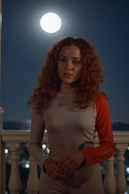 an african woman with long curly red hair walking on a balcony ovelooking a moon surface wearing s1999unf with right red sleeve<lora:S1999_FLUX><lora:aidmaMJ6.1-FLUX-V0.1:0.6><lora:Movie_Portrait><lora:Flux DetailerV2>