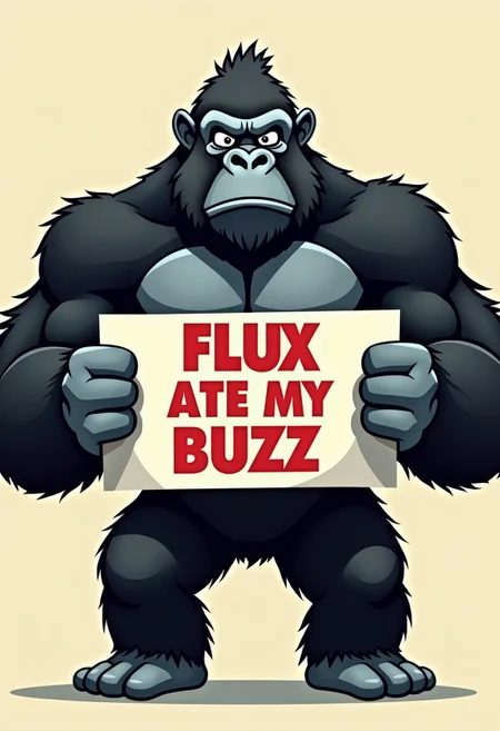very buff gorilla holding poster, cartoony wide gorilla, text on a poster "FLUX ATE MY BUZZ"