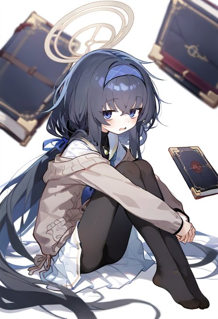 1girl, ui \(blue archive\), blue archive, black hair, black pantyhose, black undershirt, blue eyes, blue hairband, blue neckerchief, blush, brown cardigan, cardigan, feet, hairband, halo, jewelry, knees up, legs, long hair, long sleeves, neckerchief, no shoes, open mouth, pantyhose, pendant, pleated skirt, sailor collar, school uniform, serafuku, simple background, skirt, solo, toes, undershirt, white background, white sailor collar, white skirt, hands on own knee, sweater, crossed ankles, full body, bags under eyes, hair between eyes, sitting, very long hair, ribbon, blue ribbon, yellow halo, looking at viewer, sidelocks, book, low twintails, necklace, twintail, brown sweater <lora:n_XL_il_lokr_V531:0.95>