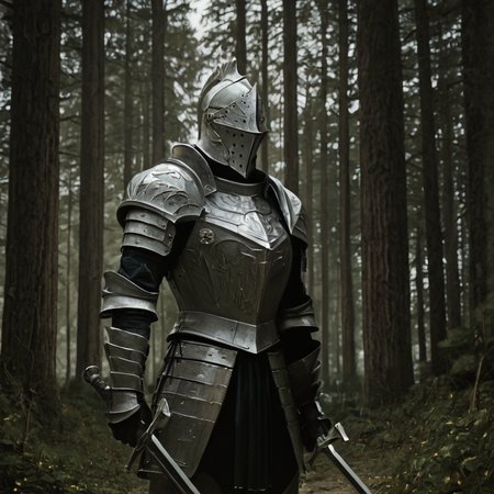 sfw, masterpiece, best quality,absurderes,photo,realistic,source_photo,outdoors,forest,trees,bushes,1boy,solo,knight,armor,holding sword, standing,helmet,<lora:Reallustrious_Beta2:0.8>