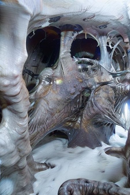 a mystical abstract organism that create a medieval knight armor in a dark and strange cave,dark, horror, obscure, mystic, mystical, splatter, organic, realistic, real, hyper realism
