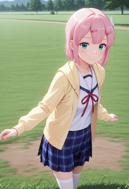masterpiece, best quality, amazing quality, very awa, looking at viewer, 
 <lora:Chiyoda Momo v2:1> 1girl, short hair, pink hair, hair ornament, hairclip, green eyes, small breasts, school uniform, sailor collar, neck ribbon, shirt, yellow jacket, open jacket, long sleeves, plaid skirt, blue skirt, white thighhighs,
, outdoor, grass field, smile,
