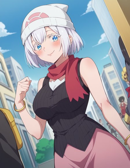 score_9, score_8_up, score_7_up, source_anime, <lora:nagomi-s1-ponyxl-lora-nochekaiser:1>, nagomi, short hair, white hair, blue eyes, white eyelashes, large breasts, mature female, <lora:dawn-pokemon-cosplay-ponyxl-lora-nochekaiser:1>, dawnpokemoncosplay, dawn (pokemon) (cosplay), bare shoulders, beanie, black shirt, black socks, bracelet, hat, jewelry, kneehighs, miniskirt, pink skirt, red scarf, scarf, shirt, skirt, sleeveless, sleeveless shirt, white headwear,, cityscape, street, smile, blush,, , dutch angle, cowboy shot