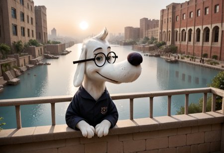 (((Barefoot furry character, cinematic setting, furry male, upper body, correct anatomy))) 
(((Sumerian, scenery, building, city, cityscape, monumental architecture))), view from behind on Mr Peabody standing on the balcony, looking at the sumerian city in front of him, leaning on the railing. Mr Peabody, (((black pajama))), (((white dog))), glasses, small dog snout, tall body, small head, sunset
BREAK, intricate details, highly detailed, extreme detail, octane render, fine art, best quality, highres, (detailed face:1.5), UHD, (((perfect hands))),