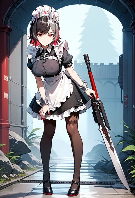 score_9,score_8_up,score_7_up,source_anime,ELLEN_JOE,1girl,solo,breasts,looking at viewer,large breasts,dress,holding,closed mouth,standing,full body,weapon,short sleeves,pantyhose,frills,puffy sleeves,black footwear,holding weapon,nail polish,black dress,streaked hair,apron,collar,puffy short sleeves,black pantyhose,wrist cuffs,maid,maid headdress,leaning forward,red nails,maid apron,
