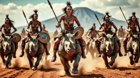 Real photograph of an army of African warrior women,  black skin, Nubian, beautiful, breathtaking,  athletic, (small breasts:1.4),  earrings, necklace, wrist bands,  dangerous, fierce, determined, battle hardened,  mounted atop angry and ferocious rhinoceros,  cavalry charging into battle with spears ready to impale, shields and spears bearing war decorations,  fierce angry painted faces full of rage, yelling fierce war cries,  African Savannah with mount Kilimanjaro in the background,  intricate details, masterpiece, elegant, complex patterns,  (full body shot from head to toe:1.6),  dramatic and dynamic morning lighting, intense atmosphere,  <BaroqueColorful:0.72>