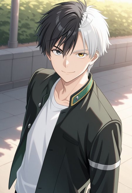 masterpiece,best quality,amazing quality, source_anime, 
sakuharuka, 1boy, male focus, solo, heterocromia, grey eyes, yellow eyes, split-color hair, black hair, white hair, school uniform, jacket, black jacket, open jacket, shirt, white shirt, smile, looking at viewer, outdoor,