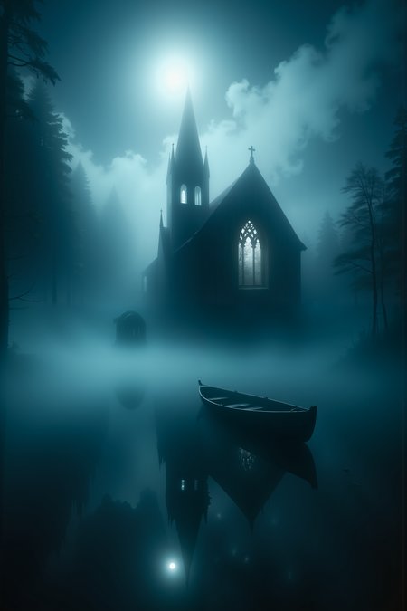 Ghostlystyle,A hyper-realistic portrait, photorealistic photo close-up image of  Beneath the surface of a still, fog-covered lake, the faint outline of an ancient, sunken church can be seen, its spires jutting up from the water like ghostly fingers. The lake is deathly quiet, its waters unnaturally calm, with not a single ripple disturbing its glassy surface. At the waterâs edge, a lone rowboat sits half-submerged in the mud, its wood rotting and covered in moss, as though it has been abandoned for centuries. Above the lake, thick tendrils of mist swirl slowly, illuminated by the pale light of a full moon that hangs low in the night sky. The churchâs windows, now broken and dark, seem to glow faintly from within, casting an eerie, pale light that flickers like a dying candle. The air is thick with the smell of damp earth and decaying vegetation, and the faint sound of distant, mournful bells can be heard echoing from the depths of the water. The surface of the lake shimmers slightly, as though something stirs just beneath, but no movement can be seen. The sense of something old and forgotten lingers in the air, as though the lake itself is haunted by the spirits of those long drowned in its depths. (photography, high-resolution, dynamic, energetic,hyper-realistic, dramatic lighting, shallow depth of field.)<lora:FluxGhost-000001>