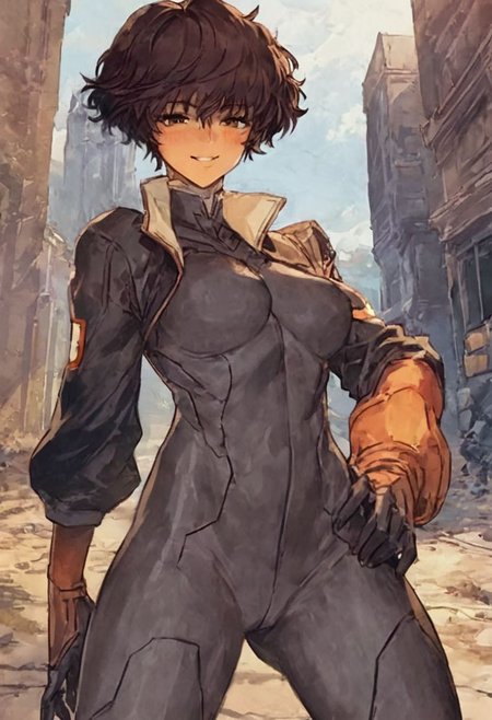 score_9, score_8_up, score_7_up, score_6_up, score_5_up, score_4_up,  <lora:RWSara01:1>, RWSara01, jacket, bodysuit, smile,  score_9, score_8_up, score_7_up, score_6_up, score_5_up, score_4_up, rating_questionable, , source_anime, digital illustration, pixiv, fanbox, uncensored, , BREAK, official art, 1girl, solo, Seductive Eyes, skinbodysuit, bodysuit, outdoors, blush, cowboy shot, looking at viewer, <lora:skinbodysuit e3-000009:0.75>, ng_deepnegative_v1_75t, easynegative, OverallDetail