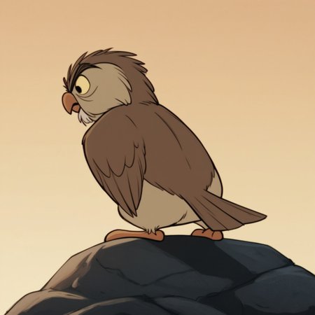 score_9, score_8_up, score_7_up, score_6_up, score_5_up, score_4_up, source_furry, Archimedesowl, feral, male, owl, brown feathers, yellow sclera, black eyes, from behind, standing, on rock, looking back