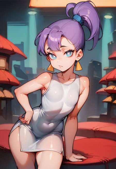 score_9, score_8_up, score_7_up, best quality, highest score, 1girl, looking at viewer, bodycon dress, in nightclub, shiny skin, white pupils, multicolored purple hair, ponytail, zPDXL2, zvezdochka