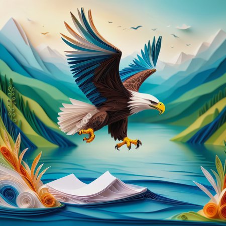 Made of paper.

3D art. Depth of field. Bokeh. Eagle swooping over a lake.

<lora:Quilling01_CE_XL_300-OT:0.6> qlngCE_style