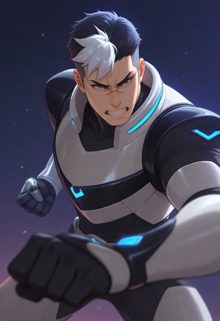 embedding:Illustrious\Positive\IllusP0s, embedding:Illustrious\Positive\IllustriousQual, embedding:SDXL\Positive\HDA_MasterpieceXLclassic, 1boy, male focus, solo, illushirogane, nose scar, undercut hair centered white bang, paladin armor, prosthetic arm, clenched teeth, fighting stance, dynamic angle, vfx dynamic angle, depth of field, best quality, high resolution, masterpiece.