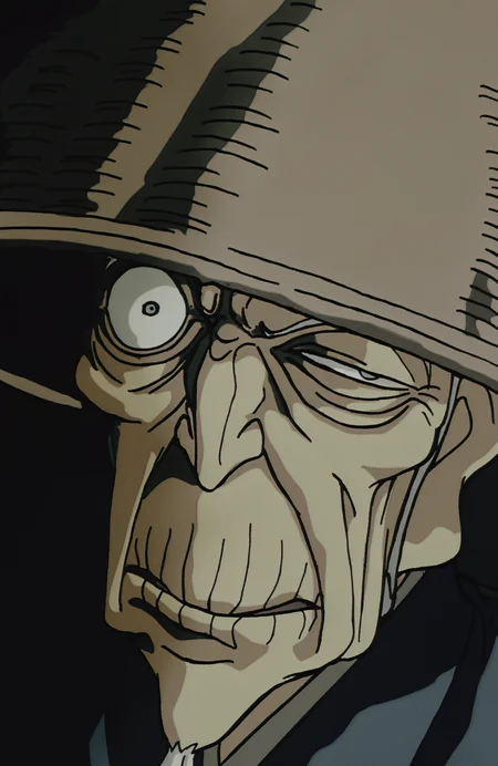masterpiece, best quality, highres, highly detailed, watercolor \(medium\), (inked:0.5), (jaggy lines, bold outlines:0.5),
Dakuan \(Ninja Scroll\), 1boy, old man, grey hair, rice hat, japanese clothes, wrinkled skin, beard, huge smile, parody, uneven eyes, wall eyed, 
anime screenshot, film grain, 
 <lora:Ninjascroll Illustrious 0.1:1>