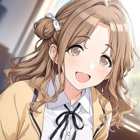 ichikawa_hinana, 1girl, solo, hair bun, brown hair, single side bun, ribbon, school background, blurry background, cardigan, brown eyes, single hair bun, looking at viewer, neck ribbon, upper body, school uniform, yellow cardigan, shirt, white shirt, black ribbon, long hair, smile, open cardigan, open mouth, schooluni <lora:Ichikawa_Hinana:1>, (masterpiece),(best quality),(ultra-detailed),(best illustration),(best shadow),(absurdres),(detailed background),(very aesthetic),