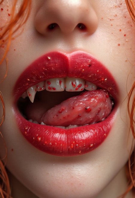 Midjourney_Whisper,A close-up of a woman's lips. She has freckless skin and a very long demonic tongue. orange hair. Her tongue is long and detailed. Her tongue is curly and are touching her plump lips, lip filler, vibrant red blood flowers  symbolizing beauty and growth. big lips, bimbo lips, The flowers are red like blood blending harmoniously with the natural lip color. Vampire teeth, vampire fangs, long fangs. The scene is highly detailed, with a focus on the soft texture of the lips and the rich. The background is softly blurred, drawing attention to the blooming effect around the lips.