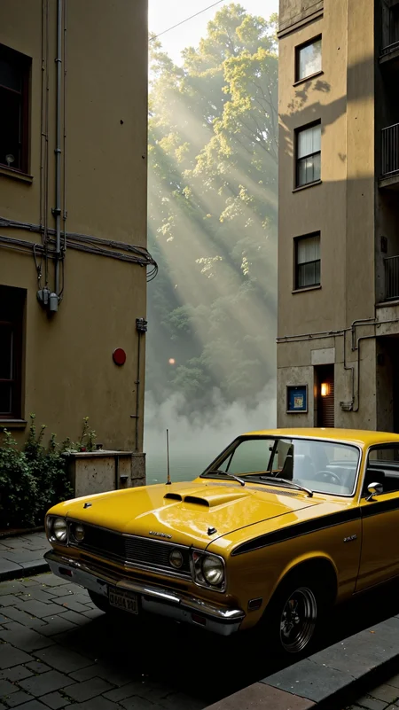 Soft Ghibli Breeze,Urban Alley Peek Shot,Plymouth Duster - Curious Yellow paintjob,Silvery Mist Rising from a Quiet River Background <lora:flux.1_lora_flyway_Epic-detail_v2:1>âââ