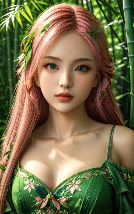 upper_body,bust,<lora:yuukananri-base-02-XL:0.7>,yuukananri,1girl with long pink hair,green eyes,masterpiece,best quality,ultra-detailed,beautiful and detailed eyes,sharp focus,(photorealistic:1.4),green blouse,bamboo forest,realistic,Cinematic Lighting,perfect lighting,<lora:detailed_notrigger:1>,<lora:xl_more_art-full_v1:0.8>,
