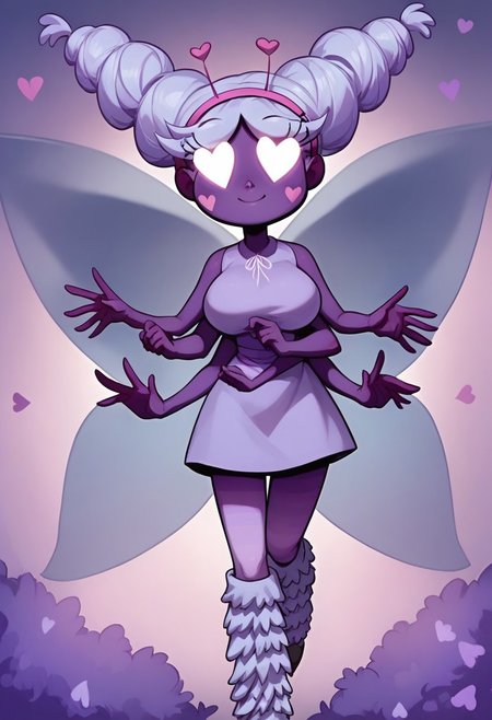 BREAK Score_9, Score_8_up, Score_7_up, source_cartoon, huge breasts, mewberty_star, smile, purple skin, pale lavender hair, up in two buns, bright heart eyes, pink heart on each cheek, six arms, large purple butterfly wings, antennae, pale lavender sleeveless dress, pale lavender leg warmers,