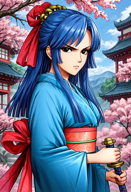 score_9,score_8_up,score_7_up,source_anime,5_figner,2d_animation,game cg,BREAK,1girl,solo,
BH,sidelocks,blue hair,black eyes,ribbon,hair ornament,long hair,sword,katana,blue kimono,japanese clothes,sash,obi,
medium breast,serious,upper body,front view,
edo period, Japan,cherry blossom,city,
masterpiece,best qualit,ultra-detailed,illustration,an extremely delicate and beautiful,beautiful detailed eyes,unity 8k wallpaper,high resolution,anime CG,official_art,