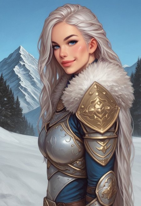 1girl, ((side view))), illustration, looking at viewer, highly detailed, from front, 1girl, illustration,  looking at viewer, highly detailed, skinny, looking at viewer, 1girl, masterpiece, best quality,
raw, movie poster, masterpiece, extremely detailed, hyperrealism, photo, perfect anatomy, magnificent young warrior princess, full body, dramatic lighting, shadow play, romantic, heroism, epic, determination, proud, eternal beauty, detailed face, very long hair, very dark brown hair, beautiful blue eyes, battlefield background, massive plate armor, masculine body, muscular, heavy arms armor, red cape, fur collar, sword, BREAK
slight smile, looking at viewer, fur coat, dynamic pose,
BREAK 
long hair, silver hair, hair over one eye, blue eye, big hair, dynamic pose
BREAK 
best quality, depth of field, bokeh, (((full clothed))),  ((ready to fight, holdind big sword in hands, big two-handed sword in hands)), highlander
BREAK 
(((((snow, stones,  mountains))))) score_9, score_8_up, score_7_up, score_6_up, source_cartoon, rating_explicit, Expressiveh, (((((upper body))))), dynamic pose
