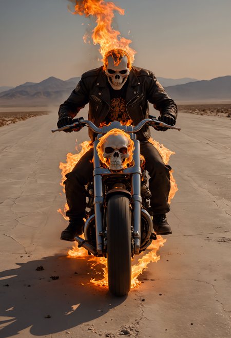 __Ghost Rider __
__Wide shot__
__Full shot__
((Flaming Harley Davidson)), speeding across a desolate salt flat, leaving a ((trail of fire)) in its wake. A ((((flaming skeletal rider)))) in a leather jacket, ((flaming skull)), ((burning skull)), wreathed in flames, grips the handlebars. [Background:0.5], (inferno:1.5), (speed:1.2), low camera angle, dramatic perspective, by Alex Ross, (masterpiece, award winning artwork) many details, extreme detailed, full of details, Wide range of colors, high Dynamic <lora:add-detail-xl:1> <lora:WildcardX-XL-Detail-Enhancer:0.9> <lora:aidma-Image Upgrader-v0.1:1> <lora:SDXLFaeTastic2400:0.085> <lora:MJ52:0.185> <lora:sinfully_stylish_SDKL:0.11> <lora:casting shadow style v2:0.1> <lora:CinematicStyle_v1:0.42> casting shadow style, cucoloris patterned illumination