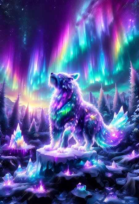 lazympos, morph-aurora, A platinum-tier animal sitting in  an aurora-lit crystal forest, prismatic light shards refract through ice formations, glowing celestial patterns dance across its obsidian collar, hyper-detailed fur texture with rainbow iridescence, 8k resolution.