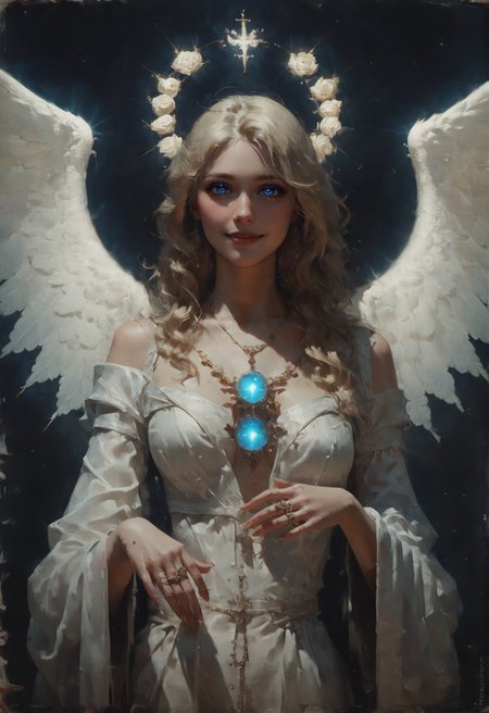 score_9, score_8_up, score_7_up,  woman, portrait, angelic, (glowing, luminescent:1.3), curvy, perfect curves, blue eyes, smile, gold jewelry, golden nimbus, standing, intricate, large wings, otherworldly beauty, transfiguration, ceremonial white robe, blue trim, fringe, over blue water, sunlight, ocean, (atmospheric perspective:1.3), blonde hair  <lora:sdxl/pony_twilight_style:0.8> <lora:sdxl/pony_vixon_gothic_oil_style:0.7> d4rk01l